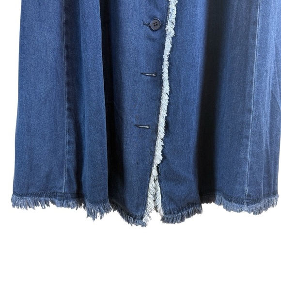 Metallic Blue Denim Maxi Dress Fringe Edging Full Front Button Down Tie Waist - Picture 5 of 9